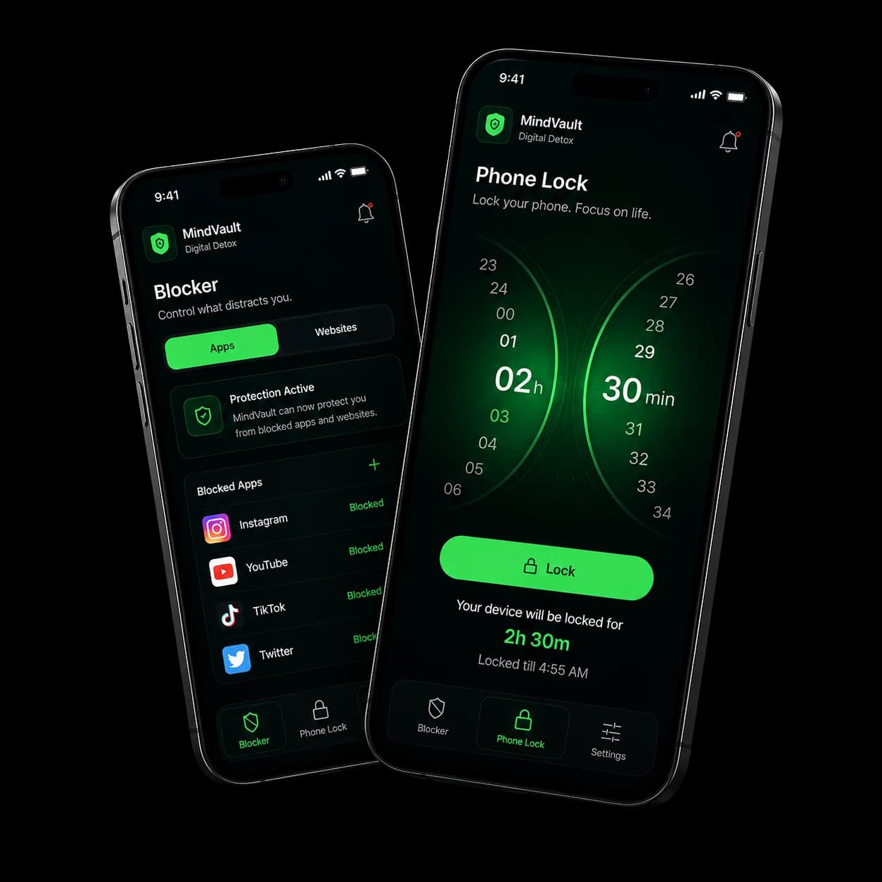 MindWarden app mockup showing blocker and phone lock screens