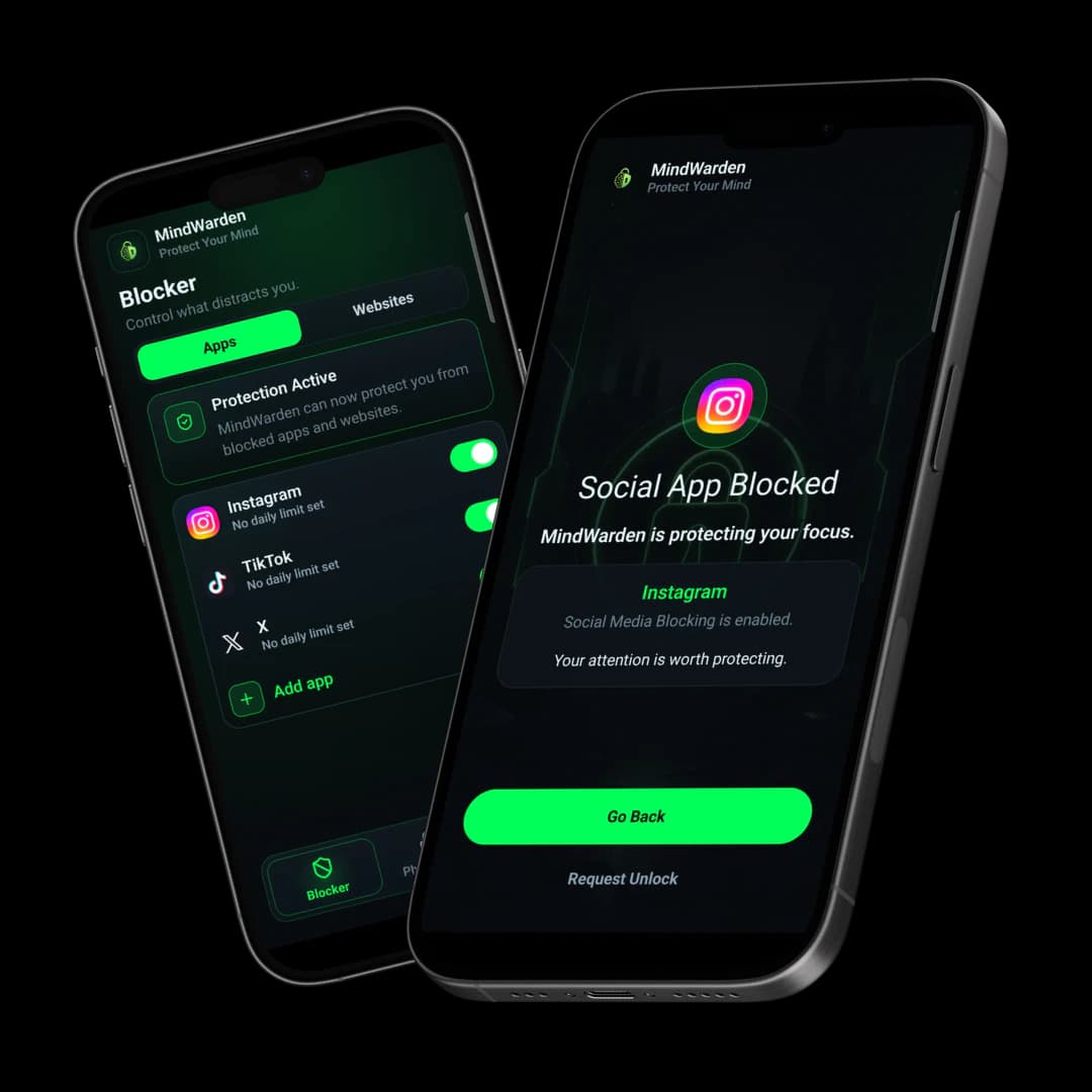 MindWarden app mockup showing blocker and phone lock screens